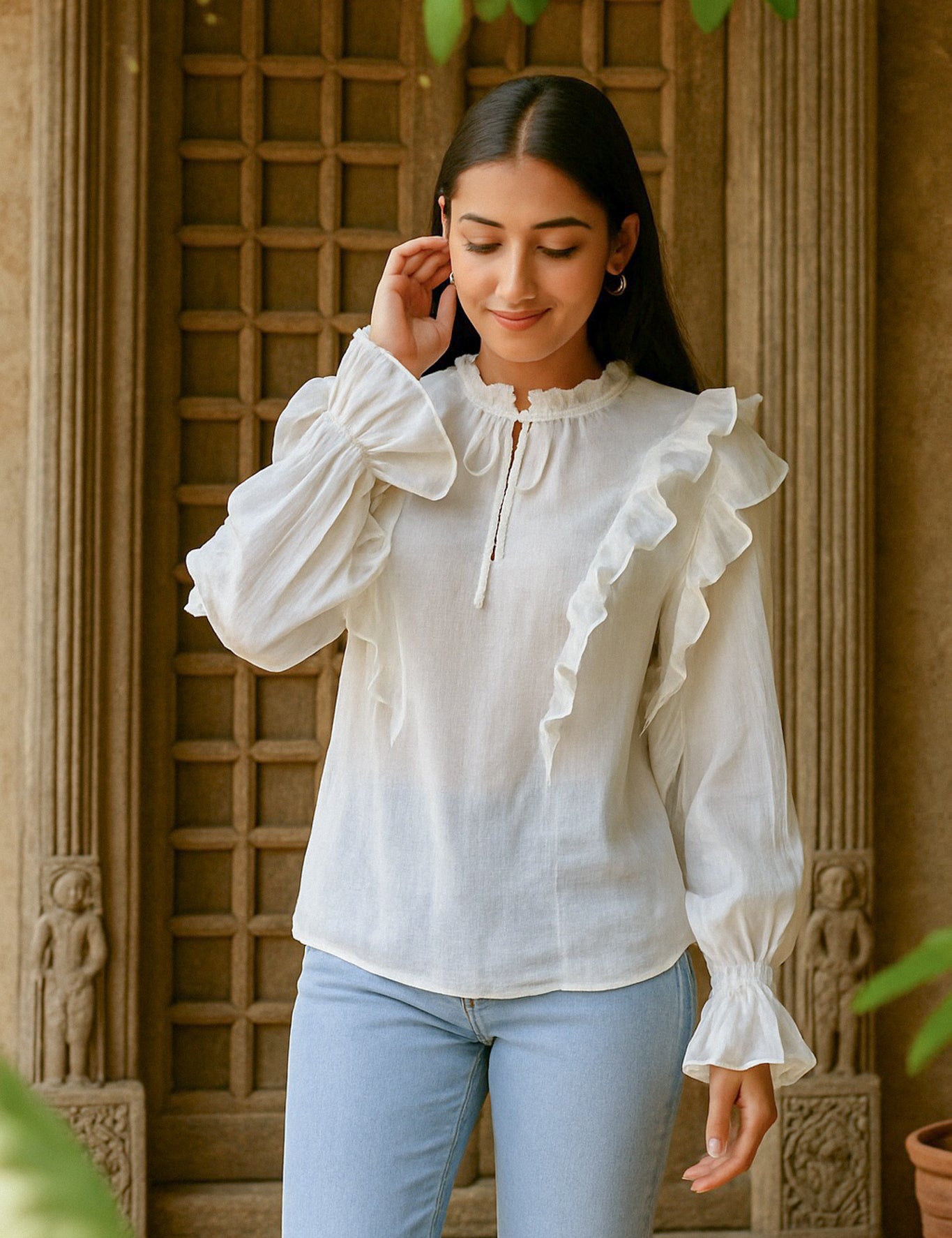 Ekaurr BIGDI Jasmine Frill Cotton Top finest cotton summer top with a jasmine-inspired cascading frill in soft white or cream pastel tones, artisan slow fashion top for women from the BIGDI summer collection