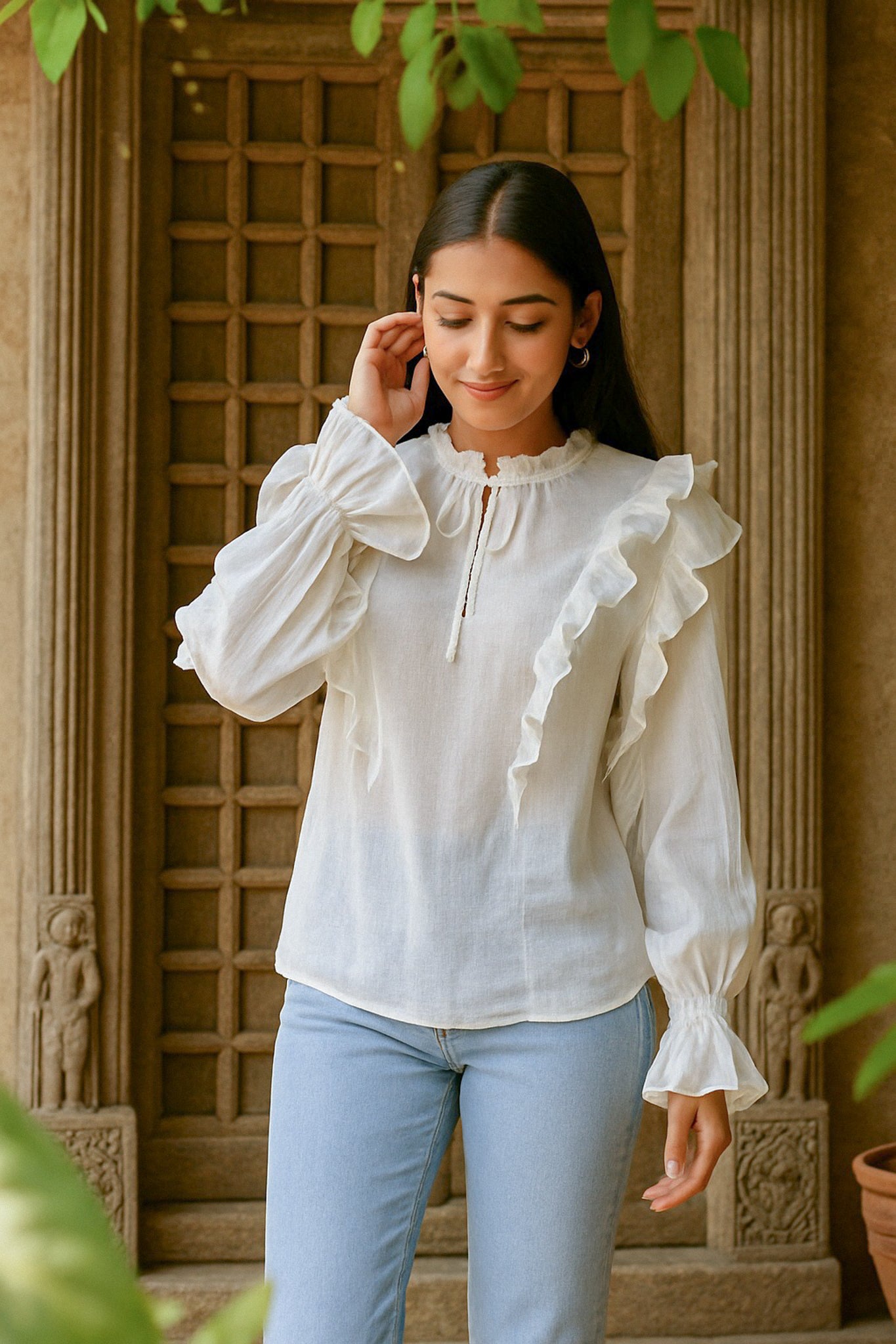 Ekaurr BIGDI Jasmine Frill Cotton Top finest cotton summer top with a jasmine-inspired cascading frill in soft white or cream pastel tones, artisan slow fashion top for women from the BIGDI summer collection