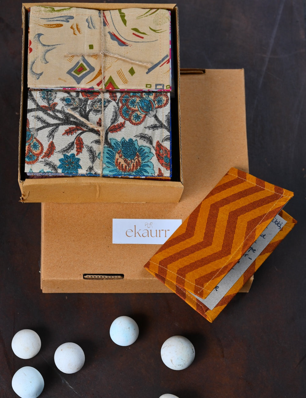 Ekaurr Jot Joy handcrafted artisan stationery or diary gifting set for joyful everyday writing with fabric-covered pages or printed cover in artisan Indian textile design, sustainable stationery gift for occasions and conscious everyday use