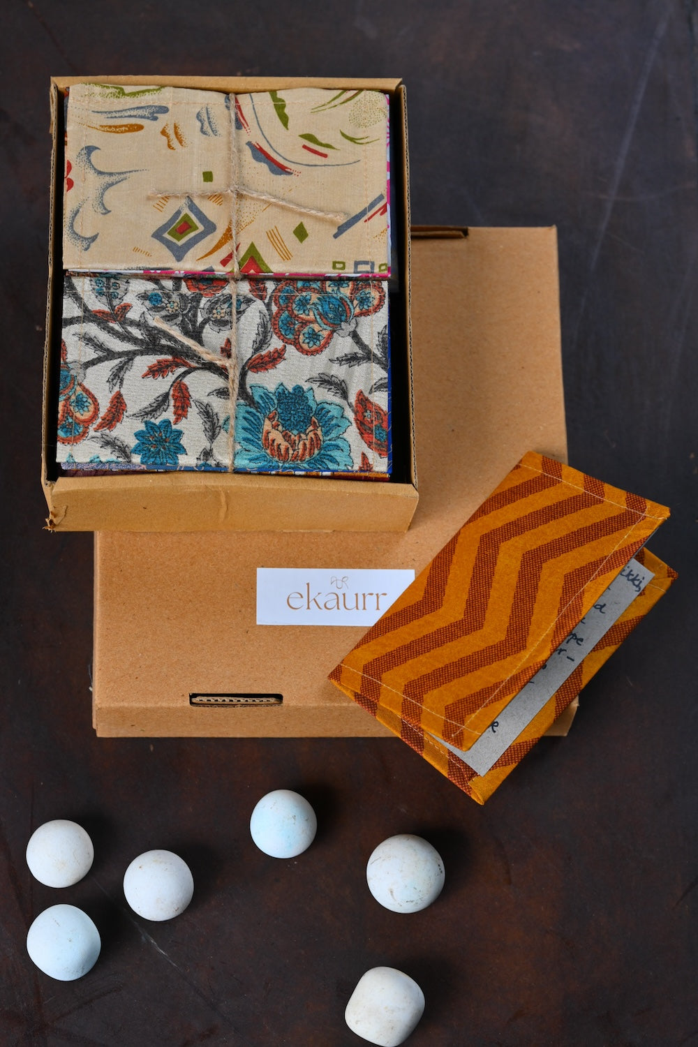 Ekaurr Jot Joy handcrafted artisan stationery or diary gifting set for joyful everyday writing with fabric-covered pages or printed cover in artisan Indian textile design, sustainable stationery gift for occasions and conscious everyday use