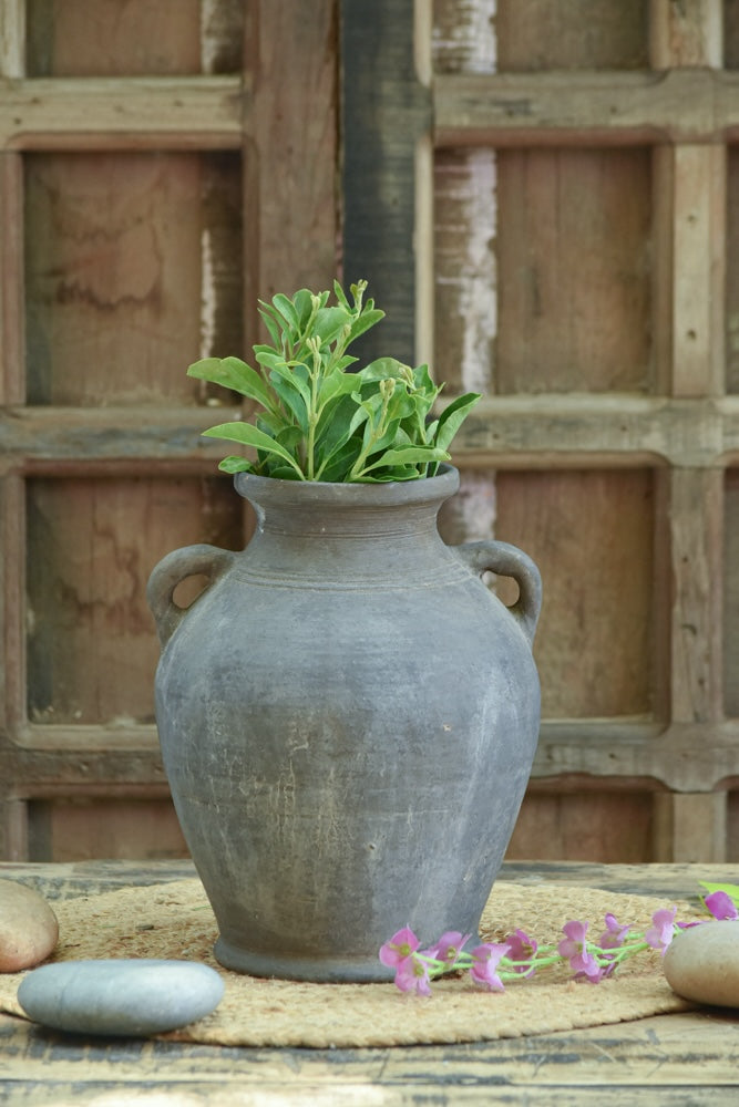 Ekaurr Kala-Kalash Terracotta Planter inspired by the traditional Indian kalash form, handmade by rural artisans in dark earthen clay with natural surface finish