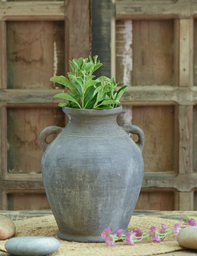 Ekaurr Kala-Kalash Terracotta Planter inspired by the traditional Indian kalash form, handmade by rural artisans in dark earthen clay with natural surface finish