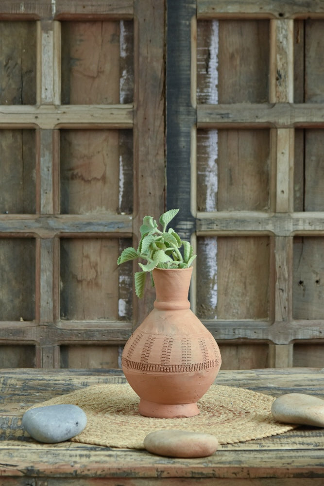 Ekaurr Kalash Carved Terracotta Pot handmade by rural Indian women artisans with hand-incised decorative carving on a kalash form, earthy artisan planter for home styling