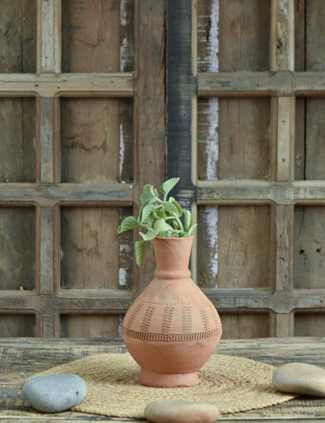 Ekaurr Kalash Carved Terracotta Pot handmade by rural Indian women artisans with hand-incised decorative carving on a kalash form, earthy artisan planter for home styling