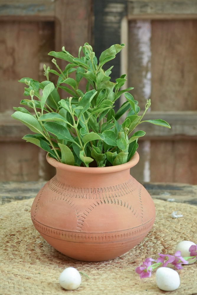 Ekaurr Kalash-Neck Planter handmade terracotta pot with traditional kalash-inspired neck and rounded body, handcrafted by Indian artisans for indoor or outdoor planting