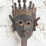 Ekaurr Kali Roar Tribal Tongue Mask hand-carved wooden wall mask with bold extended tongue, crown and fierce expression inspired by Kali, vintage one-of-a-kind décor