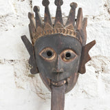 Ekaurr Kali Roar Tribal Tongue Mask hand-carved wooden wall mask with bold extended tongue, crown and fierce expression inspired by Kali, vintage one-of-a-kind décor