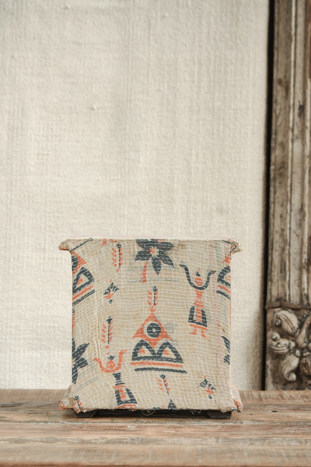 Close-up of Ekaurr Kantha Cladded Chest showing intricate Kantha embroidery and fabric texture on drawer fronts