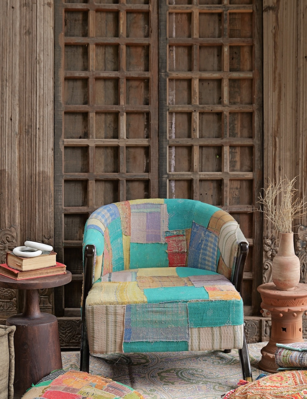 Ekaurr Kantha Patchwork Accent Chair upholstered in hand-stitched traditional Indian Kantha textile with colourful patchwork patterns