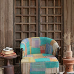 Ekaurr Kantha Patchwork Accent Chair upholstered in hand-stitched traditional Indian Kantha textile with colourful patchwork patterns