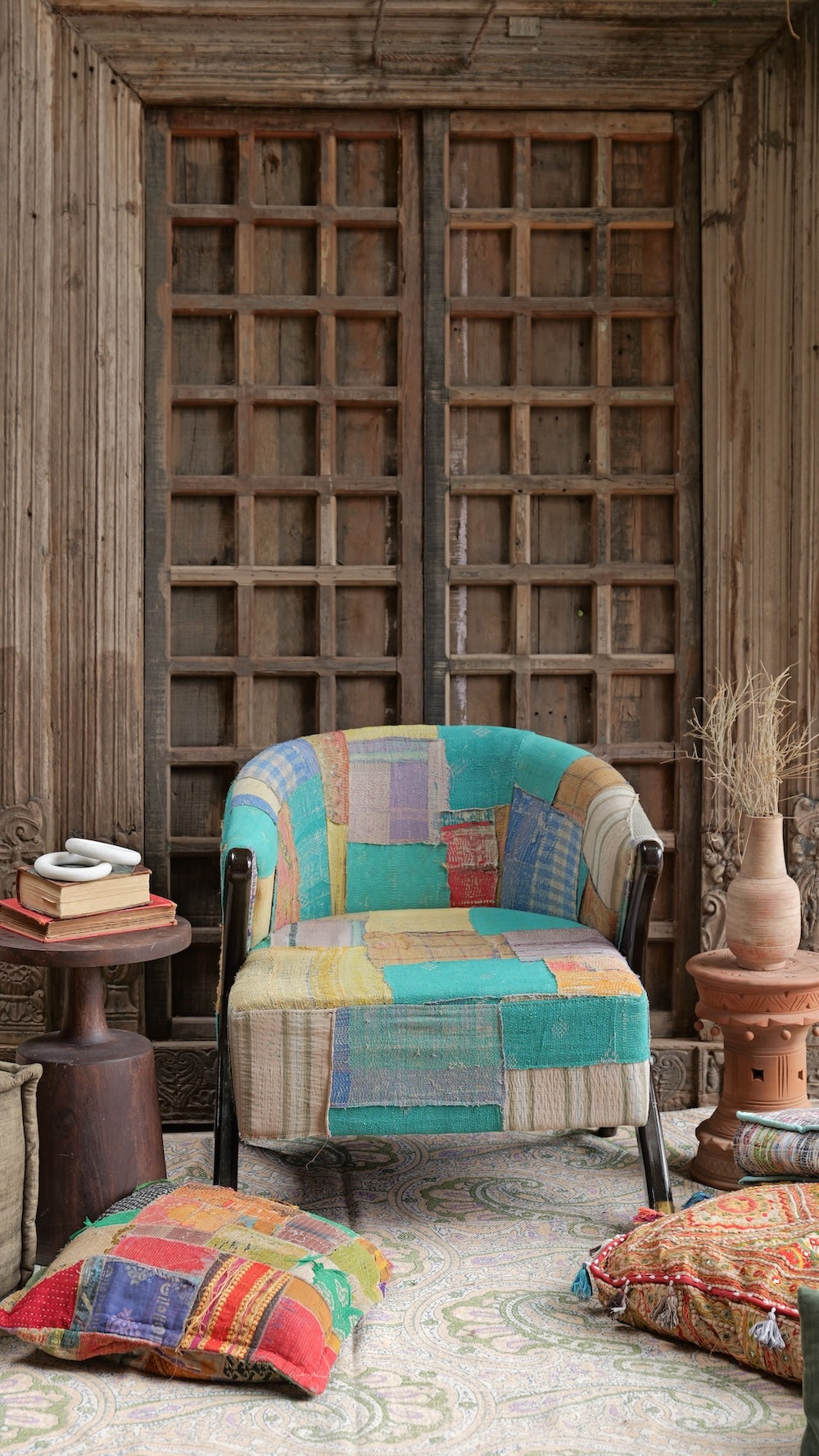 Ekaurr Kantha Patchwork Accent Chair upholstered in hand-stitched traditional Indian Kantha textile with colourful patchwork patterns