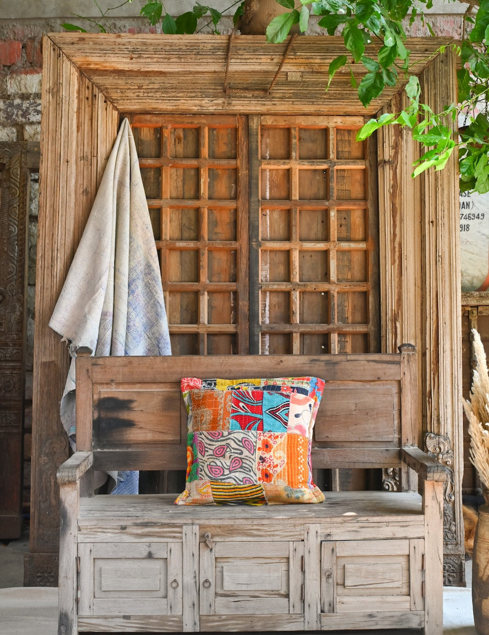 Ekaurr Kantha Patchwork Cushion Cover handcrafted 18x18 inch cushion cover in layered kantha stitch patchwork with vibrant folk fabric panels, artisan Indian textile accent for sofas and boho-inspired home styling