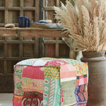 Ekaurr Kantha Patchwork Pouffe handcrafted upholstered floor pouffe covered in colourful layered kantha patchwork fabric, artisan textile seating or footrest for boho and eclectic home interiors