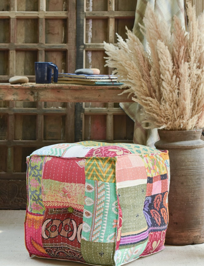 Ekaurr Kantha Patchwork Pouffe handcrafted upholstered floor pouffe covered in colourful layered kantha patchwork fabric, artisan textile seating or footrest for boho and eclectic home interiors