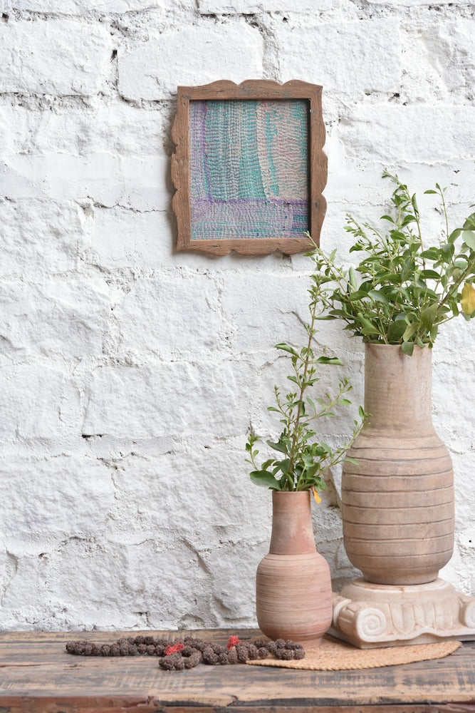 Ekaurr Kantha Patchwork Wall Art – intricate hand-stitched Indian Kantha textile panel in vintage wooden strip frame, one-of-a-kind heritage decor