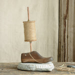 Ekaurr Kite Spool with Jute Rope on Shoe Mould Base vintage wooden kite spool wound with jute cord displayed on a cobbler shoe mould base, nostalgic found object artisan decor for shelves