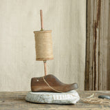 Ekaurr Kite Spool with Jute Rope on Shoe Mould Base vintage wooden kite spool wound with jute cord displayed on a cobbler shoe mould base, nostalgic found object artisan decor for shelves