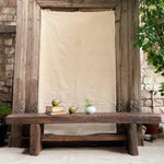 Ekaurr Knock-Down Reclaimed Wood Bench with visible grain, natural patina and knock-down joinery system, rustic heritage bench for entryway or living room