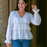 Ekaurr BIGDI Koyal Layers Cotton Top finest cotton summer top with layered fabric panels in a cuckoo-bird-inspired soft pastel tone, artisan slow fashion top for women from the BIGDI summer collection