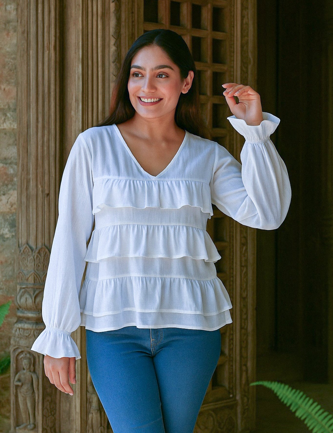 Ekaurr BIGDI Koyal Layers Cotton Top finest cotton summer top with layered fabric panels in a cuckoo-bird-inspired soft pastel tone, artisan slow fashion top for women from the BIGDI summer collection