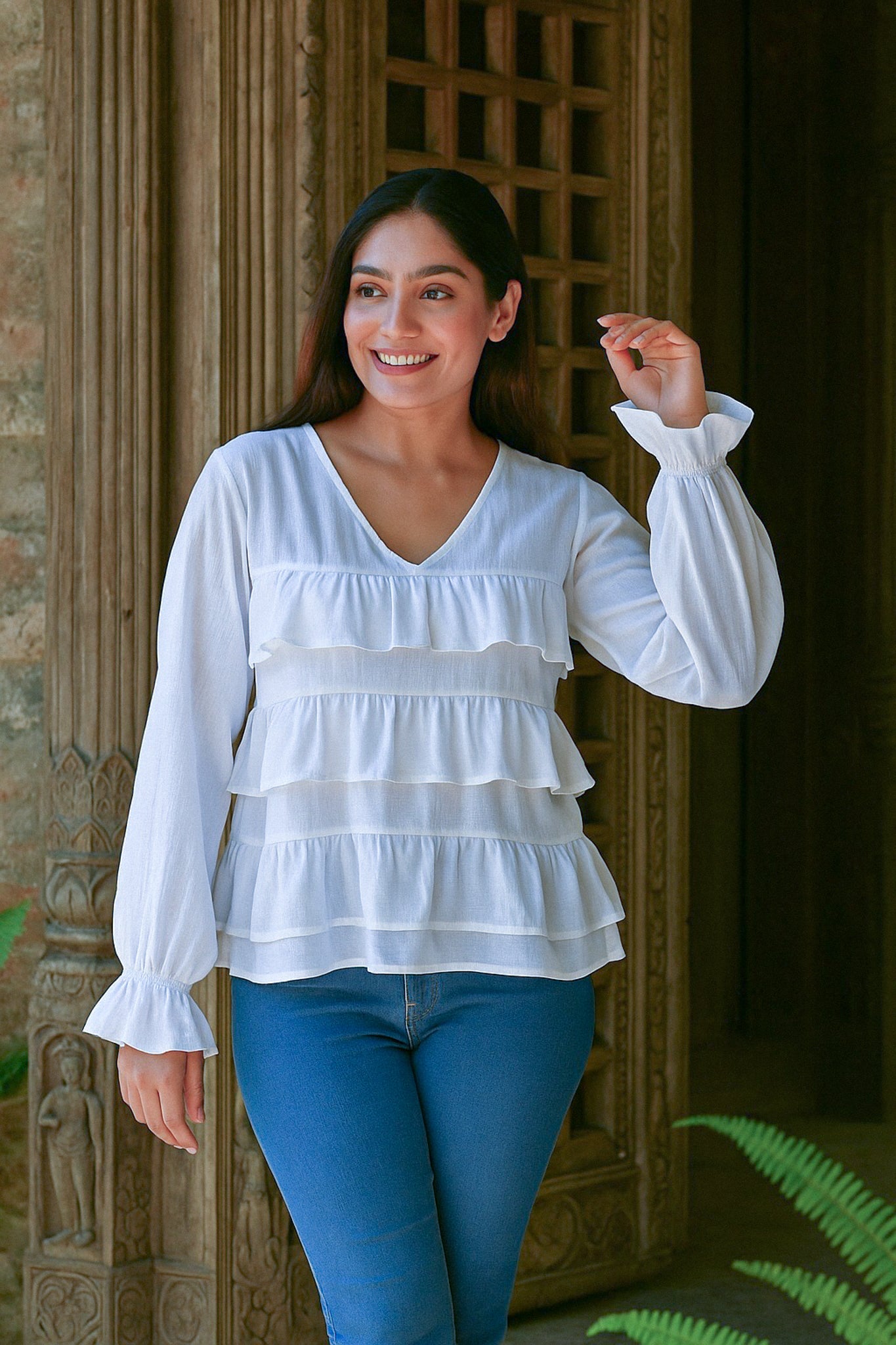 Ekaurr BIGDI Koyal Layers Cotton Top finest cotton summer top with layered fabric panels in a cuckoo-bird-inspired soft pastel tone, artisan slow fashion top for women from the BIGDI summer collection