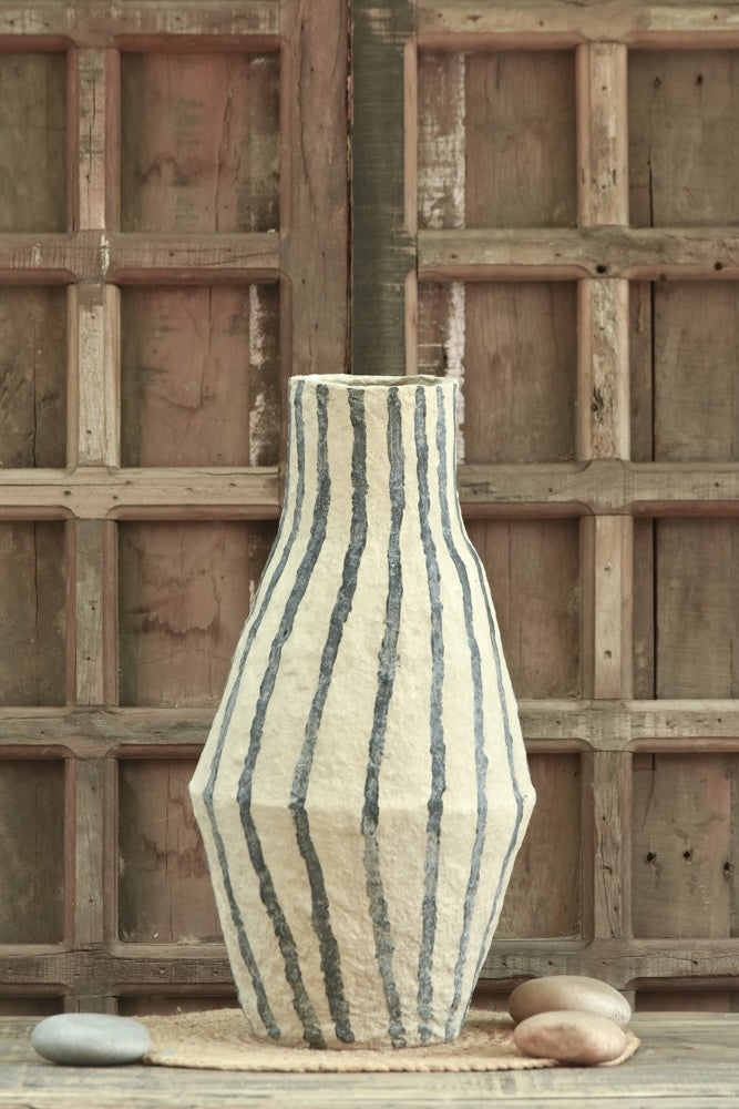 Ekaurr Lantern Striped Paper Mache Vase handcrafted from recycled paper in lantern form with striped texture by rural Indian women artisans, sustainable decorative home vase
