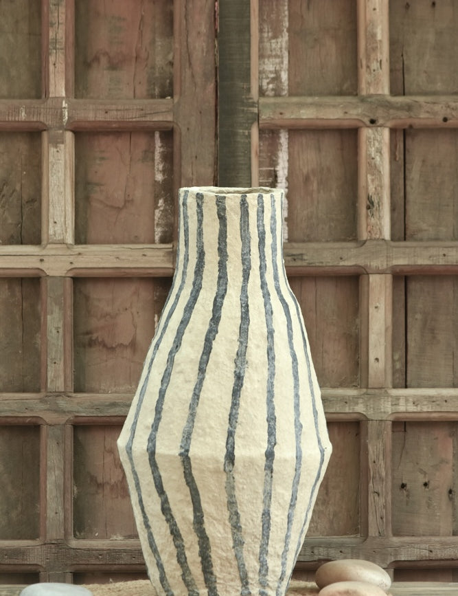 Ekaurr Lantern Striped Paper Mache Vase handcrafted from recycled paper in lantern form with striped texture by rural Indian women artisans, sustainable decorative home vase