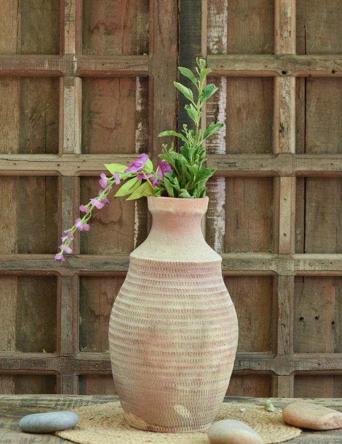 Ekaurr Lata Vaasi Terracotta Planter handmade by rural Indian women artisans in slender creeper-inspired form, natural terracotta finish for succulents or decorative styling