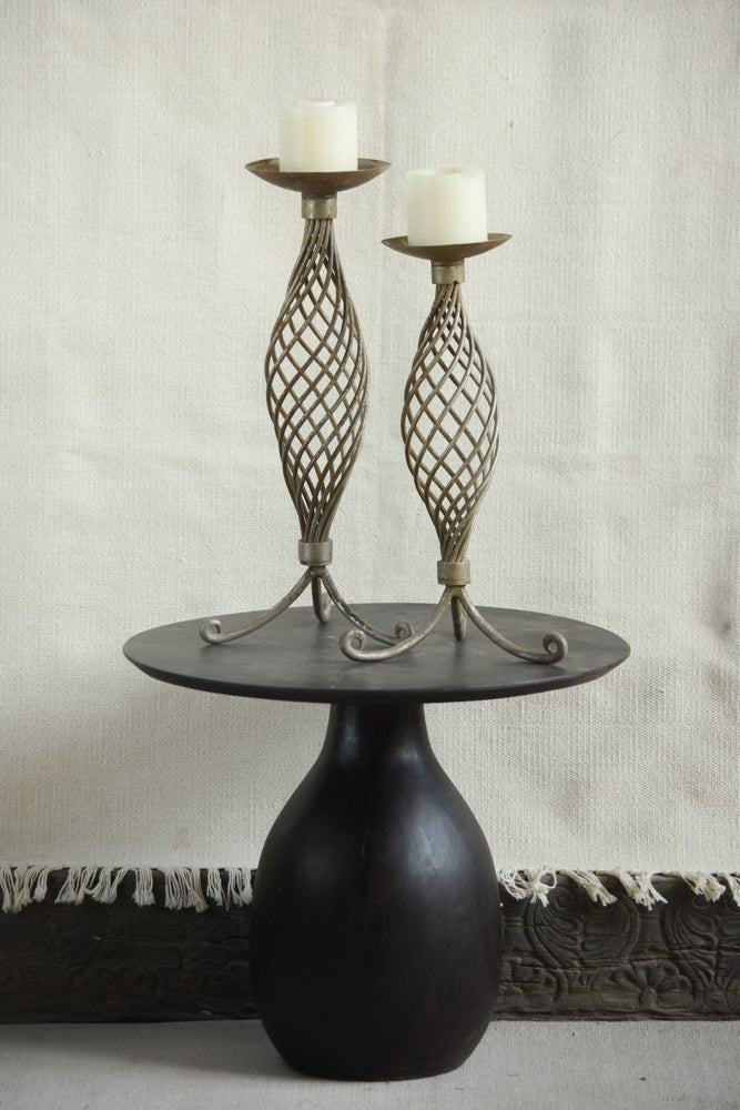 Ekaurr Lattice Glow Iron Candle Holder set of 2 with elegant lattice-style iron body, graceful curves and sturdy curled base, hand-forged pillar candle holders