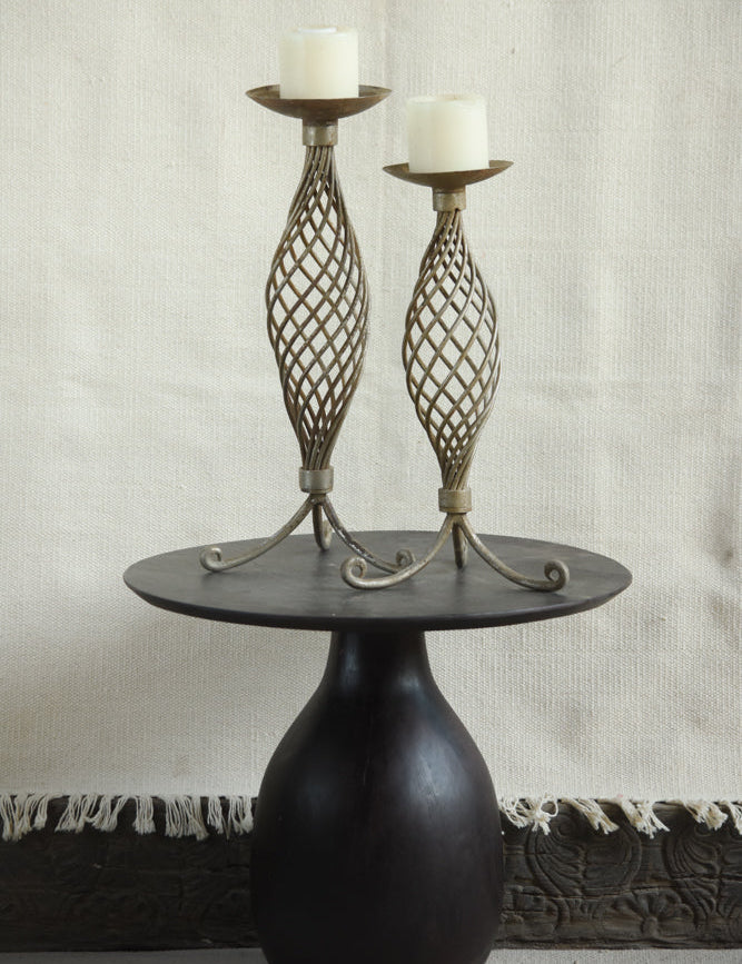 Ekaurr Lattice Glow Iron Candle Holder set of 2 with elegant lattice-style iron body, graceful curves and sturdy curled base, hand-forged pillar candle holders
