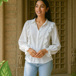 Ekaurr BIGDI Leher Frill Shirt finest cotton summer shirt with wave-inspired frill detailing in soft pastel tones available in XS to L/XL, artisan slow fashion top for women from the BIGDI summer collection