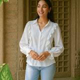 Ekaurr BIGDI Leher Frill Shirt finest cotton summer shirt with wave-inspired frill detailing in soft pastel tones available in XS to L/XL, artisan slow fashion top for women from the BIGDI summer collection