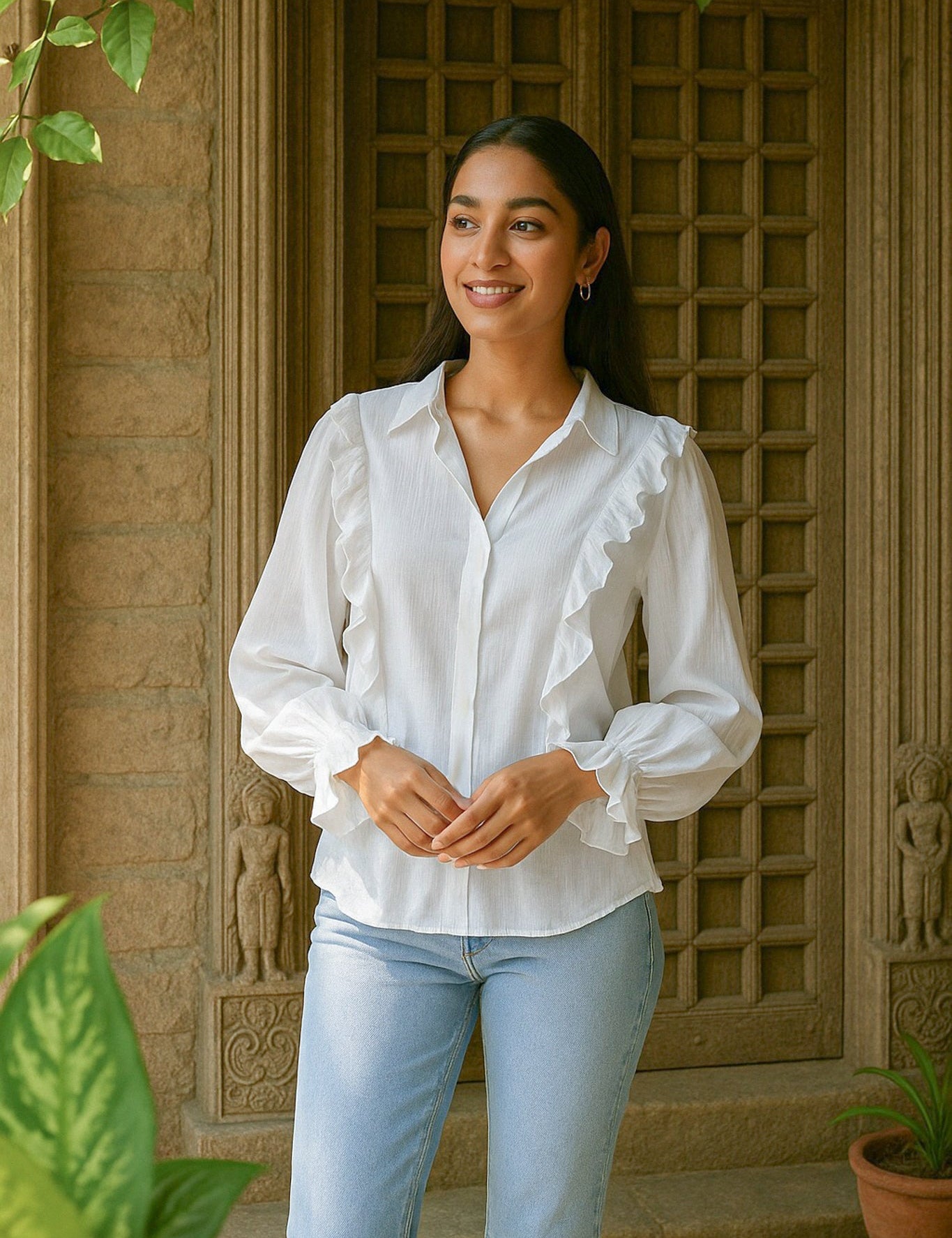 Ekaurr BIGDI Leher Frill Shirt finest cotton summer shirt with wave-inspired frill detailing in soft pastel tones available in XS to L/XL, artisan slow fashion top for women from the BIGDI summer collection