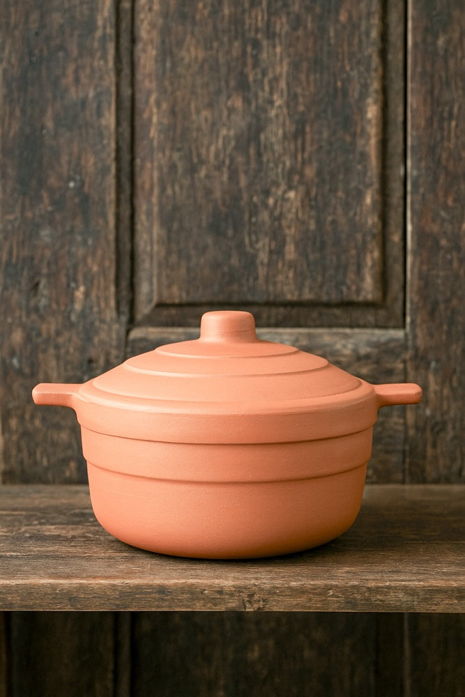 Ekaurr Lidded Terracotta Stew Serving Pot handmade natural clay pot with fitted lid crafted by rural Indian artisans, earthy artisan kitchen essential for slow-cooked stews gravies and oven-to-table conscious dining