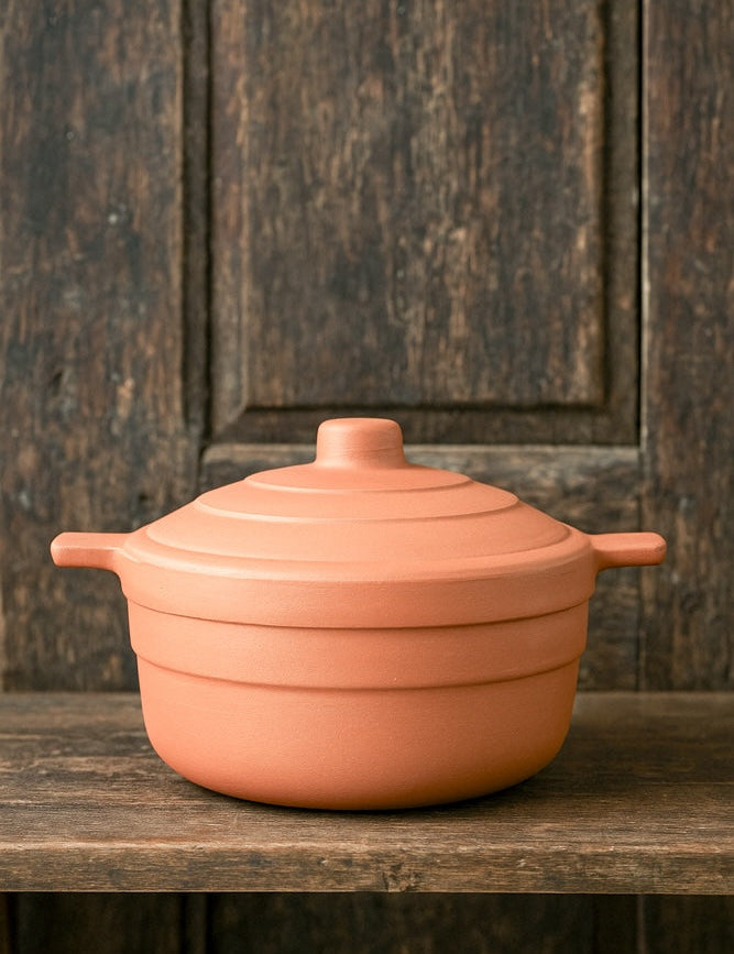 Ekaurr Lidded Terracotta Stew Serving Pot handmade natural clay pot with fitted lid crafted by rural Indian artisans, earthy artisan kitchen essential for slow-cooked stews gravies and oven-to-table conscious dining