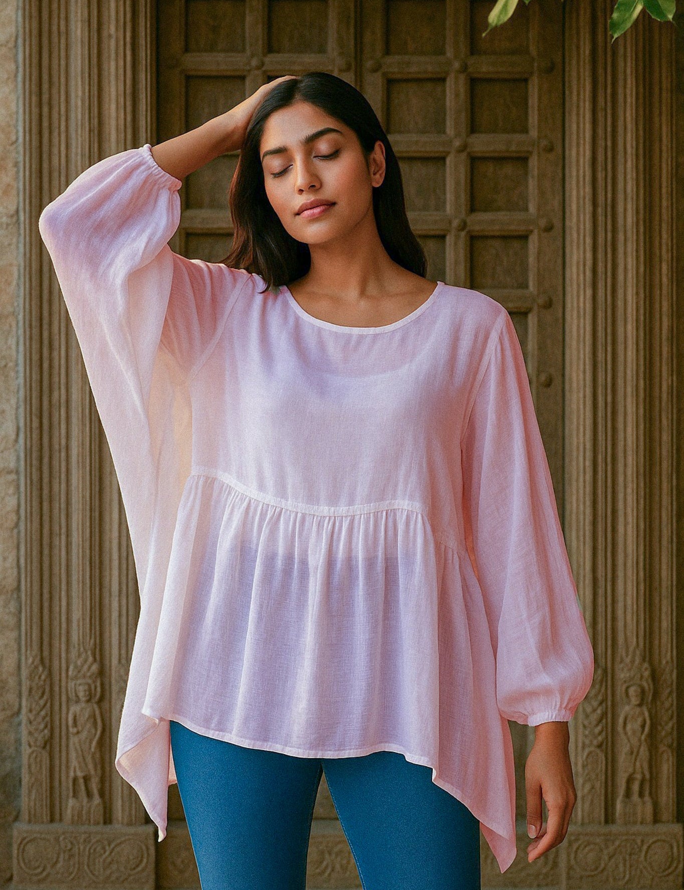 Ekaurr BIGDI Lina Cotton Top finest cotton summer top in a soft delicate pastel tone with a graceful relaxed silhouette, artisan slow fashion top for women from the BIGDI summer collection