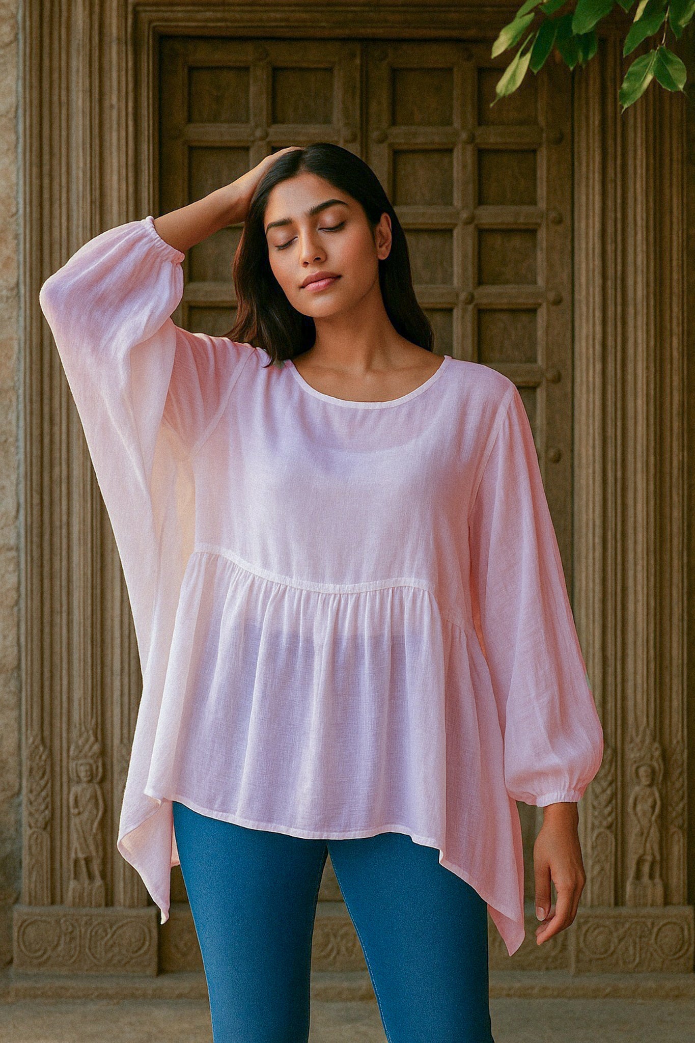 Ekaurr BIGDI Lina Cotton Top finest cotton summer top in a soft delicate pastel tone with a graceful relaxed silhouette, artisan slow fashion top for women from the BIGDI summer collection