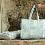 Ekaurr Line Leaf Tote Bag handcrafted block-printed cotton tote with a clean linear leaf botanical motif in natural earthy tones, artisan Indian textile bag for everyday use and nature-inspired conscious styling