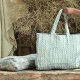 Ekaurr Line Leaf Tote Bag handcrafted block-printed cotton tote with a clean linear leaf botanical motif in natural earthy tones, artisan Indian textile bag for everyday use and nature-inspired conscious styling