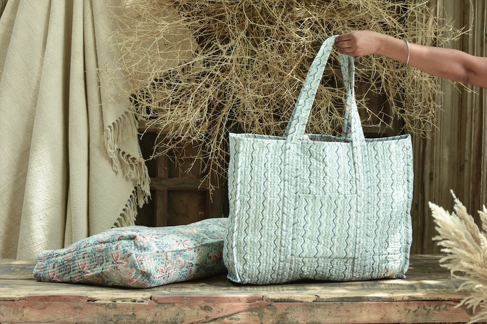 Ekaurr Line Leaf Tote Bag handcrafted block-printed cotton tote with a clean linear leaf botanical motif in natural earthy tones, artisan Indian textile bag for everyday use and nature-inspired conscious styling