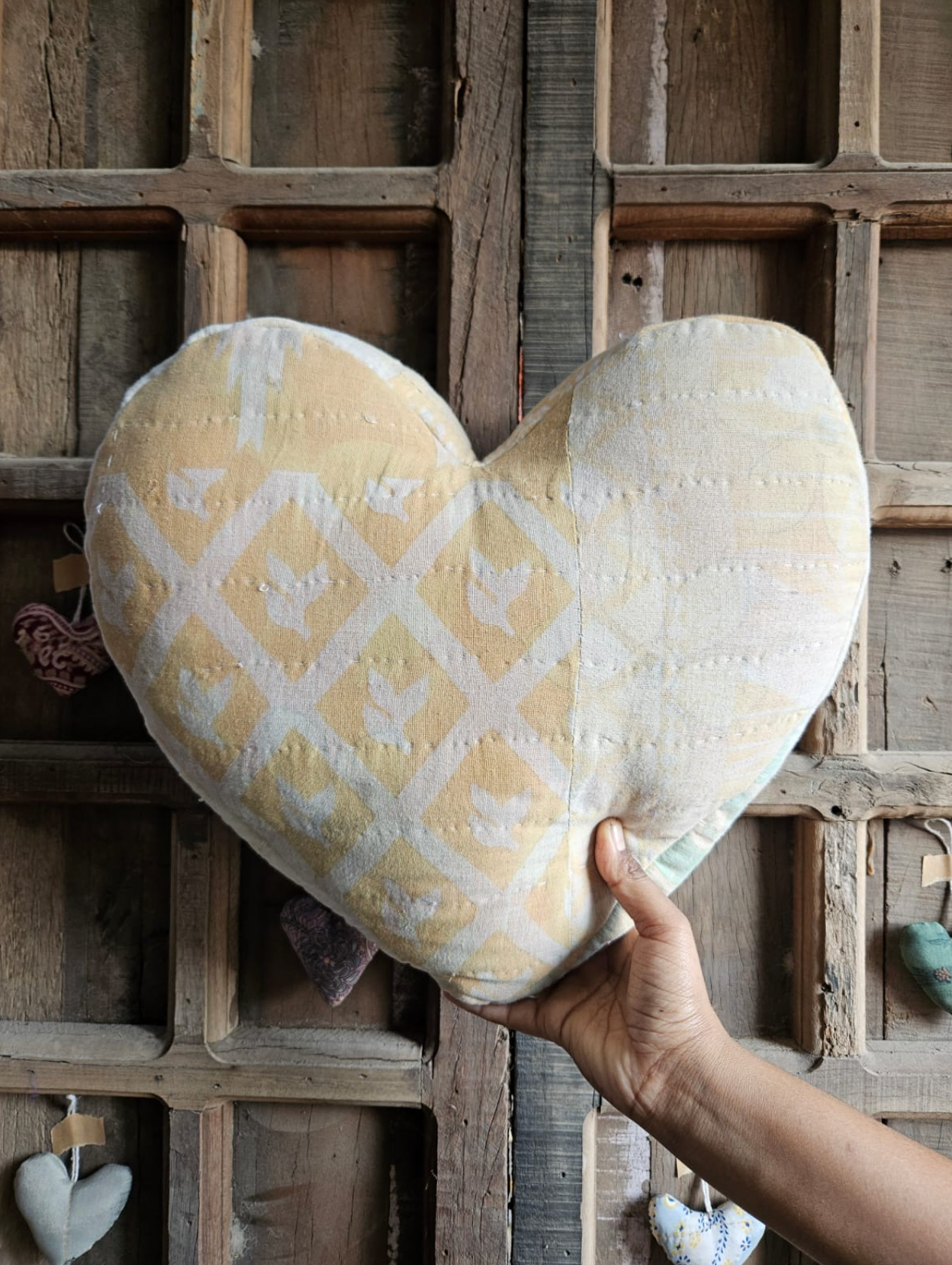 Ekaurr Love at First Sight Cushion handcrafted heart or love-themed cushion in vibrant romantic fabric, artisan upcycled textile gift for Valentine's Day anniversaries and meaningful home decor