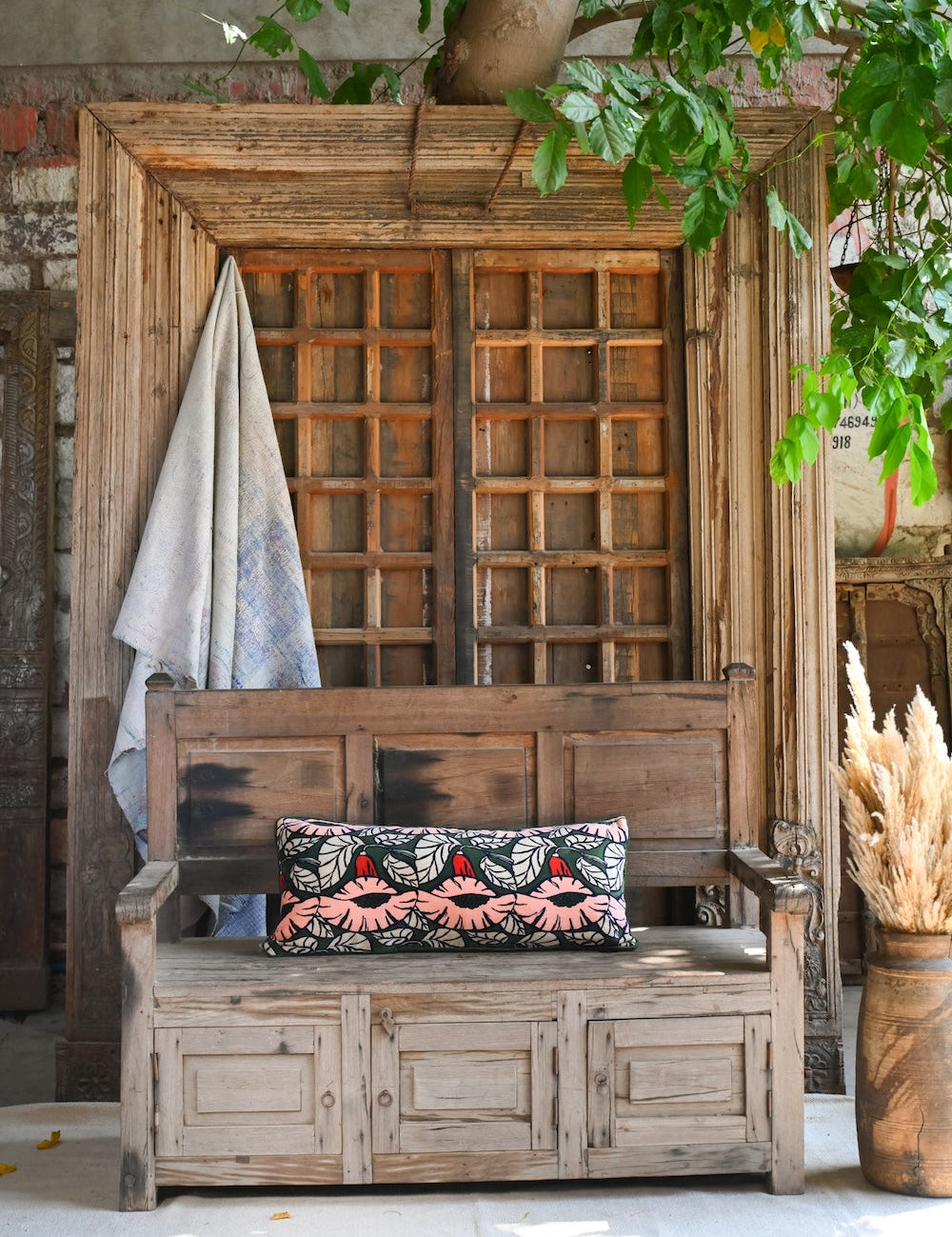 Ekaurr Lumbar Flora Cushion Cover handcrafted rectangular lumbar cushion cover with botanical floral motif in earthy natural tones, artisan textile accent for sofas beds and nature-inspired home styling