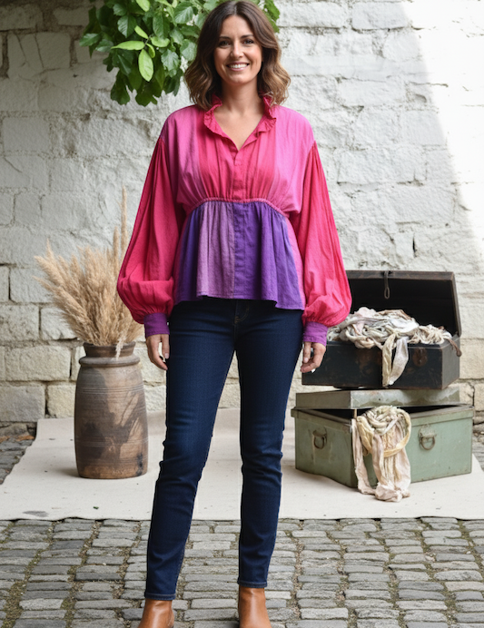 Ekaurr BIGDI Magenta Bloom Peplum Top finest cotton summer top in vibrant magenta with a flared peplum hem and blooming floral character, artisan slow fashion top for women from the BIGDI summer collection