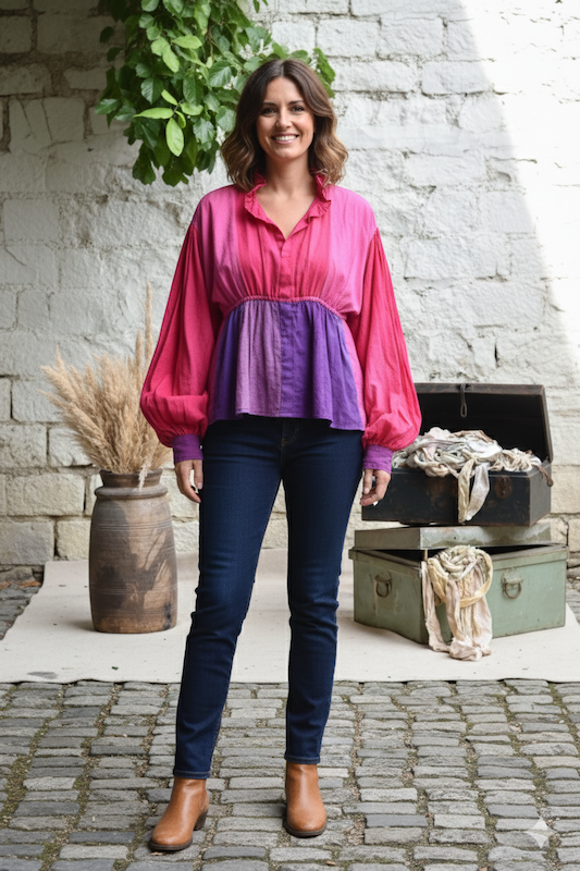 Ekaurr BIGDI Magenta Bloom Peplum Top finest cotton summer top in vibrant magenta with a flared peplum hem and blooming floral character, artisan slow fashion top for women from the BIGDI summer collection