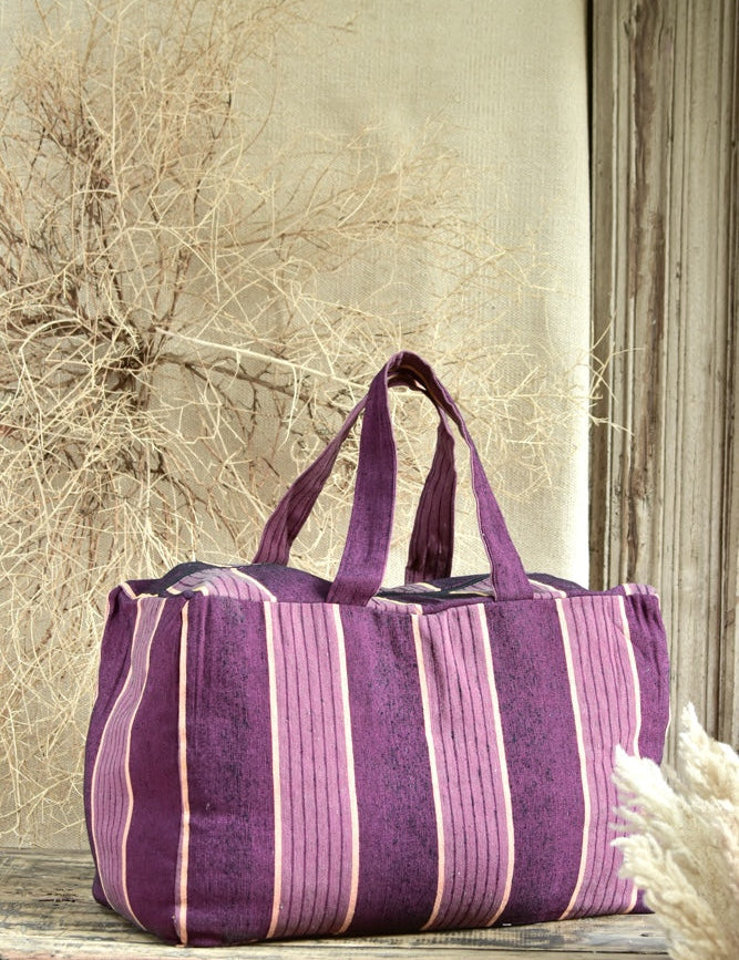 Ekaurr Magenta Maroon Fabric Picnic Bag handcrafted quilted cotton picnic tote in bold magenta and maroon with a spacious structured form, artisan Indian textile bag for picnics outings and vibrant everyday use