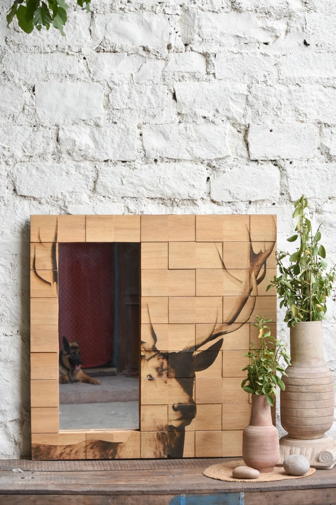 Ekaurr Majestic Still Mirror hand-painted noble deer gaze across individually cut reclaimed wood tiles framing a mirror panel at 35x35 inches, artisan one-of-a-kind wall mirror for living rooms and statement walls