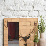 Ekaurr Majestic Still Mirror hand-painted noble deer gaze across individually cut reclaimed wood tiles framing a mirror panel at 35x35 inches, artisan one-of-a-kind wall mirror for living rooms and statement walls