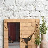 Ekaurr Majestic Still Mirror hand-painted noble deer gaze across individually cut reclaimed wood tiles framing a mirror panel at 35x35 inches, artisan one-of-a-kind wall mirror for living rooms and statement walls