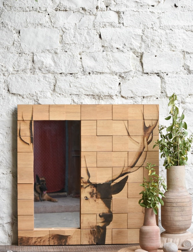 Ekaurr Majestic Still Mirror hand-painted noble deer gaze across individually cut reclaimed wood tiles framing a mirror panel at 35x35 inches, artisan one-of-a-kind wall mirror for living rooms and statement walls