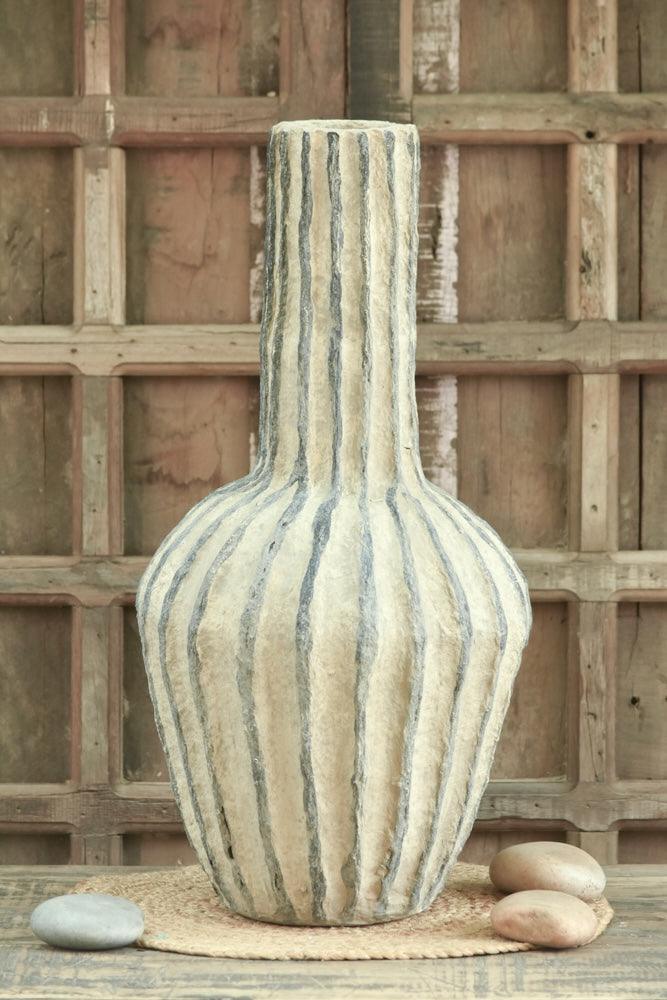 Ekaurr Mallet Striped Paper Mache Vase in mallet silhouette with striped handcrafted surface, sustainable upcycled paper vase made by rural women artisans in Rajasthan